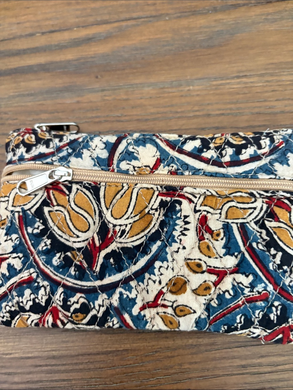 Quilted Floral Wristlet Cosmetic Pouch in Blue, Mustard & Red